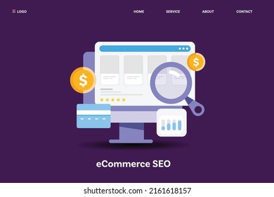 eCommerce SEO, eCommerce marketing, optimización para sitio web de ecommerce - página de inicio de ilustración vectorial