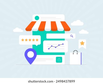 E-commerce SEO for on-page commercial website search engine optimization. Digital marketing strategy, ecommerce seo audit concept with website ranking, analytics, e-commerce traffic growth