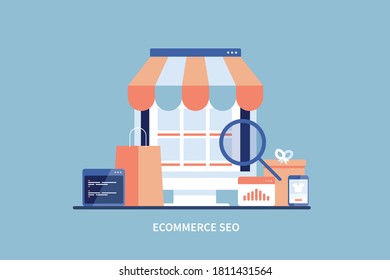 Ecommerce SEO, Ecommerce store online, Small business digital marketing - conceptual flat design vector illustration with icons