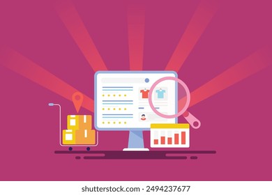 eCommerce SEO strategy, SEO optimization for eCommerce website, Website SEO marketing, eCommerce analytics - vector illustration with icons