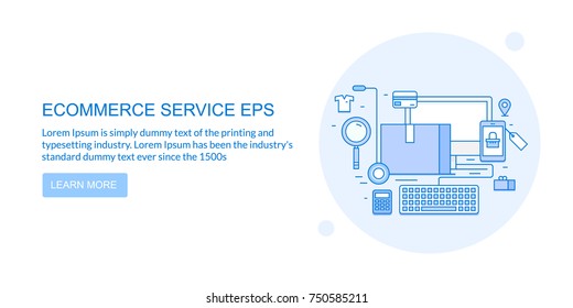 E-commerce Service, Online Shopping, delivery, shopping cart vector banner with icons and text