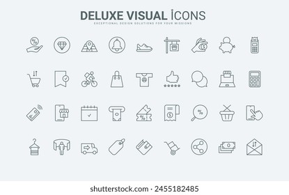 Servicios de comercio electrónico, oferta de descuento en las ventas de la tienda, seguimiento de símbolos de contorno finos negros y rojos, Ilustración vectorial. Compra, pago y entrega de la tienda en línea, conjunto de iconos de línea del mercado