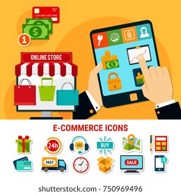 E-commerce set of flat icons with online store, money, products, delivery, electronic devices isolated vector illustration