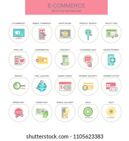 E-commerce. Set of flat, vector, linear icons. Set contains such icons as online shopping, product search and others.