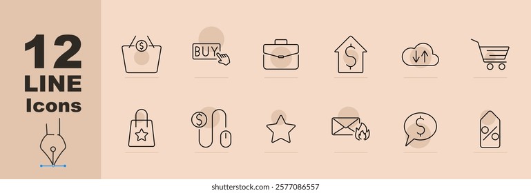 E-commerce set icon Basket, buy button, briefcase, house cost, cloud, shopping cart, bag, currency, price tag, discounts, dollar, deals. E-commerce, shopping, transactions