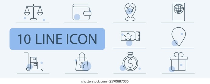 E-commerce set icon. Legal balance, digital wallet, premium location, online passport, travel destination, logistics, shopping bag, event ticket, time management, gift package.