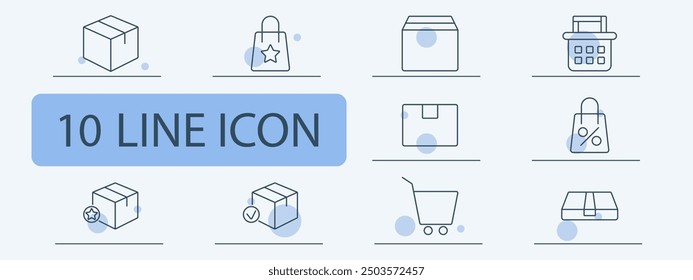 Icono de conjunto de comercio electrónico. Paquete, bolso de compras, caja, descuento, Carrito, entrega, compra, tienda, mercancías, venta al por menor, venta, transacción, compras en línea, envío, consumidor, economía.