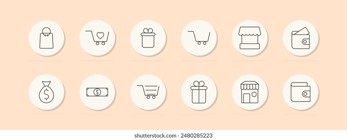 E-commerce set icon. Shopping bag, cart, gift box, market, wallet, money, store. Vector line icon on peach background.