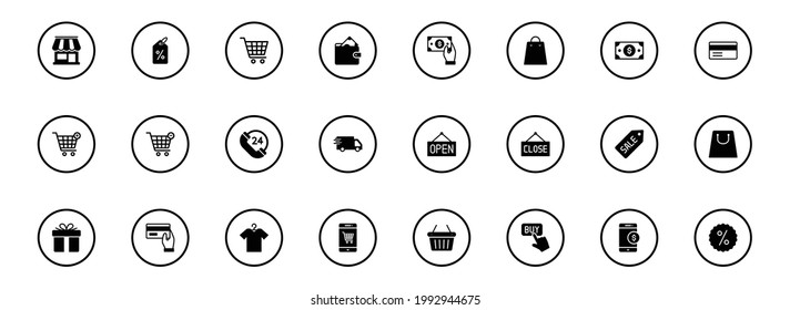 E-Commerce-Set Symbol. Shopping Outline-Websymbole-Set, Vektorgrafik