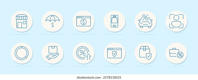 E-commerce set icon. Store, umbrella, webpage, mobile bag, car delivery, customer icon, package, percentage growth, protection shield. Represent online shopping, delivery, and secure transactions