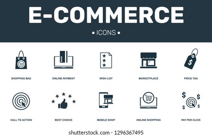 E-commerce set icons collection. Includes simple elements such as Wish list, Marketplace, Online payment, Pay per click and Call to action premium icons.