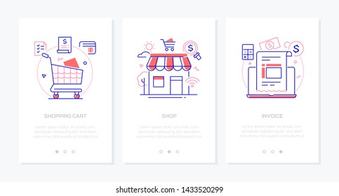 E-commerce - set of line design style vertical web banners on white background with copy space for text. Images of list, bank card, receipt, calculator, laptop. Shopping cart, store, invoice concepts