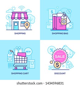 E-commerce - set of line design style colorful illustrations. Quality pink, blue images of a shopping bag, cart, store with a map pointer, wi-fi symbol, labels with sale, new signs, coins stack, cash