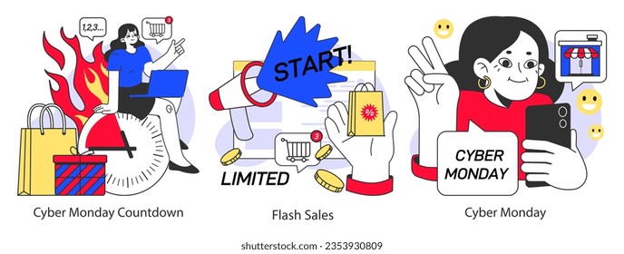 E-commerce set. Online shopping with a big discount and special offer. Promotion campaign. Purchasing goods in mobile app or social media blog. Flat vector illustration