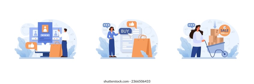 E-commerce set. Online shopping, character purchasing goods on a website or marketplace. Order or purchase payment, shipping or delivery. Flat vector illustration