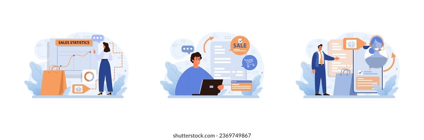 E-commerce set. Online shopping, character purchasing goods on a website or marketplace. Order or purchase payment, shipping or delivery. Flat vector illustration