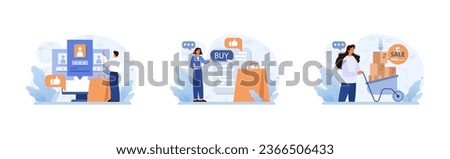 E-commerce set. Online shopping, character purchasing goods on a website or marketplace. Order or purchase payment, shipping or delivery. Flat vector illustration