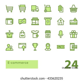 E-commerce. Set of outline vector icons. Green color