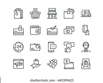 E-commerce. Set of outline vector icons. Includes such as Shopping, Promotion, Support and other. Editable Stroke. 48x48 Pixel Perfect