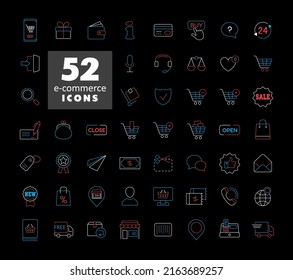 E-commerce set vector icons shopping and online isolated on the black. Graph symbol for your web site design, logo, app, UI