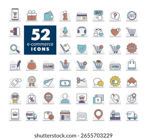 Conjunto de iconos vectoriales de comercio electrónico y compras en línea. Símbolo del gráfico para su diseño del Sitio web, logotipo, App, UI