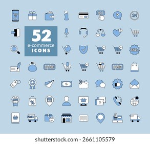 Conjunto de iconos vectoriales de comercio electrónico y compras en línea. Símbolo del gráfico para su diseño del Sitio web, logotipo, App, UI