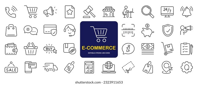 E-Commerce set of web icons in line style. Online shopping icons for web and mobile app. Business, mobile shop, digital marketing, bank card, gifts, sale, delivery. Vector illustration