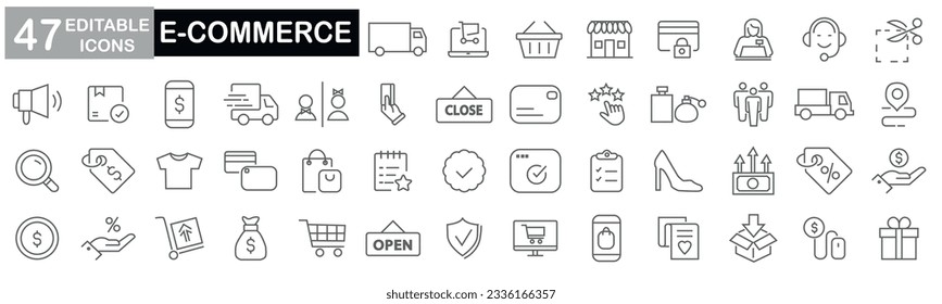 E-Commerce set of web icons in line style. Online shopping icons for web and mobile app. cart, retail, supermarket, thin, bag, delivery, store, sale, registerdiscount, price, credit, support, and more