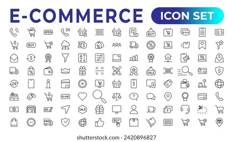 "E-Commerce set of web icons in line style. 
Online shopping icons for web and mobile app. 
Business, mobile shop, digital marketing, bank card, 
gifts, sale, delivery. 
Vector illustration"