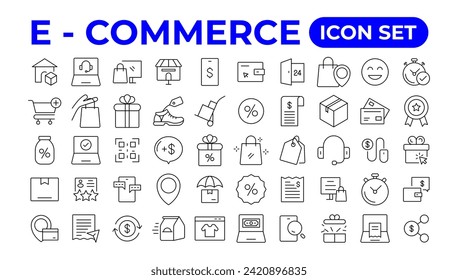E-Commerce Set von Web-Icons in Linie Stil. 
Online-Shopping-Icons für Web- und Mobile-App. 
Geschäftswelt, Mobilgeschäft, digitales Marketing, Bankkarte, 
Geschenke, Verkauf, Lieferung. 
Vektorgrafik