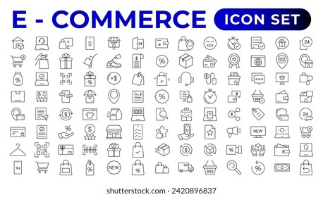 E-Commerce set of web icons in line style. 
Online shopping icons for web and mobile app. 
Business, mobile shop, digital marketing, bank card, 
gifts, sale, delivery. 
Vector illustration