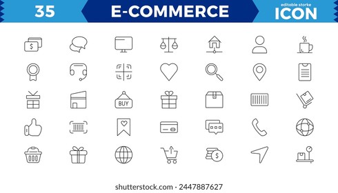 "E-Commerce set of web icons in line style. .Online shopping icons for web and mobile app. .Business,  bank card, .gifts,Vector illustration,E-business symbol. Solid icons vector collection"
