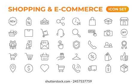 E-Commerce set of web icons in line style. Online shopping icons for web and mobile app. Business, mobile shop, digital marketing, bank card, gifts, sale, delivery. Vector illustration