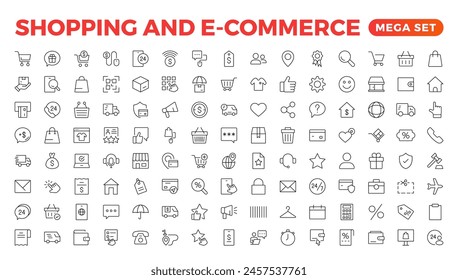 E-Commerce set of web icons in line style. Online shopping icons for web and mobile app. Business, mobile shop, digital marketing, bank card, gifts, sale, delivery. Vector illustration