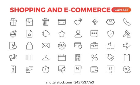 E-Commerce set of web icons in line style. Online shopping icons for web and mobile app. Business, mobile shop, digital marketing, bank card, gifts, sale, delivery. Vector illustration
