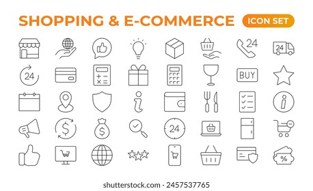 Conjunto de iconos web de comercio electrónico en estilo de línea. Iconos de compras en línea para el Web y el App móvil. Negocio, tienda móvil, marketing digital, tarjeta bancaria, regalos, venta, entrega. Ilustración vectorial