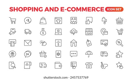 E-Commerce set of web icons in line style. Online shopping icons for web and mobile app. Business, mobile shop, digital marketing, bank card, gifts, sale, delivery. Vector illustration