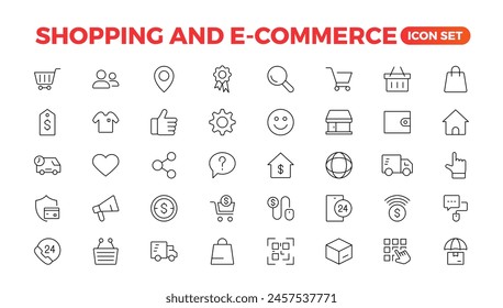 Conjunto de iconos web de comercio electrónico en estilo de línea. Iconos de compras en línea para el Web y el App móvil. Negocio, tienda móvil, marketing digital, tarjeta bancaria, regalos, venta, entrega. Ilustración vectorial