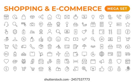 Conjunto de iconos web de comercio electrónico en estilo de línea. Iconos de compras en línea para el Web y el App móvil. Negocio, tienda móvil, marketing digital, tarjeta bancaria, regalos, venta, entrega. Ilustración vectorial