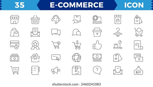 "E-Commerce set of web icons in line style. .Online shopping icons for web and mobile app. .Business,  bank card, .gifts, sale, delivery. .Vector illustration,E-business symbol.