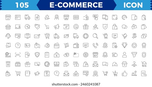 "E-Commerce set of web icons in line style. .Online shopping icons for web and mobile app. .Business,  bank card, .gifts, sale, delivery. .Vector illustration,E-business symbol.