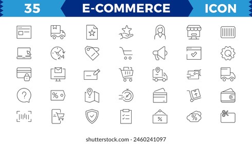 "E-Commerce set of web icons in line style. .Online shopping icons for web and mobile app. .Business,  bank card, .gifts, sale, delivery. .Vector illustration,E-business symbol.