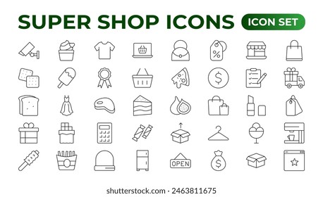 Conjunto de iconos web de comercio electrónico en estilo de línea. Iconos de compras en línea para el Web y el App móvil. Negocio, tienda móvil, marketing digital, tarjeta bancaria, regalos, venta, entrega. Ilustración vectorial