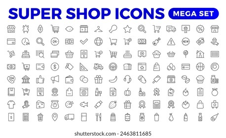 E-Commerce-Satz von Web-Icons im Linienstil. Online-Shopping-Icons für Web und mobiles App. Business, mobiler Shop, digitales Marketing, Bankkarte, Geschenke, Verkauf, Lieferung. Vektorillustration