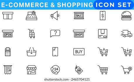 E-Commerce set of web icons in line style. .Online shopping icons for web and mobile app. .Business, mobile shop, digital marketing, bank card, .gifts, sale, delivery. .Vector illustration