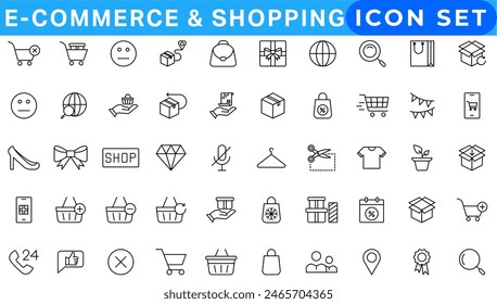 E-Commerce set of web icons in line style. .Online shopping icons for web and mobile app. .Business, mobile shop, digital marketing, bank card, .gifts, sale, delivery. .Vector illustration