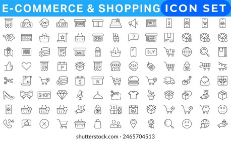 E-Commerce set of web icons in line style. .Online shopping icons for web and mobile app. .Business, mobile shop, digital marketing, bank card, .gifts, sale, delivery. .Vector illustration
