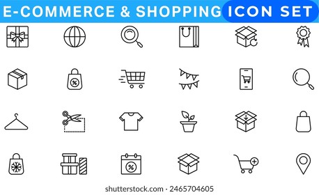 E-Commerce set of web icons in line style. .Online shopping icons for web and mobile app. .Business, mobile shop, digital marketing, bank card, .gifts, sale, delivery. .Vector illustration