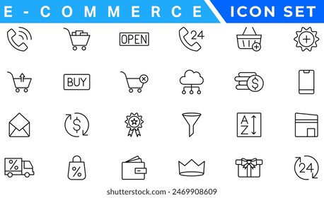 E-Commerce set of web icons in line style. .Online shopping icons for web and mobile app. .Business, mobile shop, digital marketing, bank card, .gifts, sale, delivery. .Vector illustration