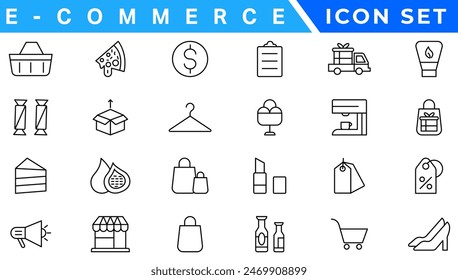 E-Commerce set of web icons in line style. .Online shopping icons for web and mobile app. .Business, mobile shop, digital marketing, bank card, .gifts, sale, delivery. .Vector illustration